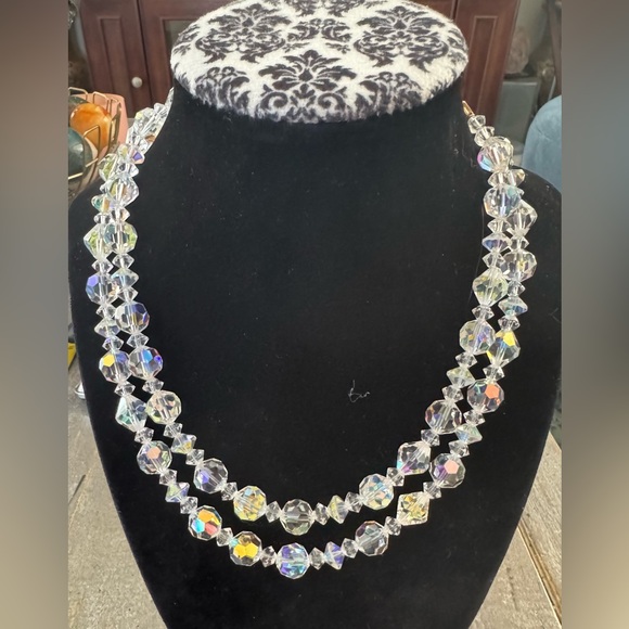 Lisner Vintage Clear Aurora Borealis AB Crystal Faceted Double Strand Necklace - Picture 1 of 7